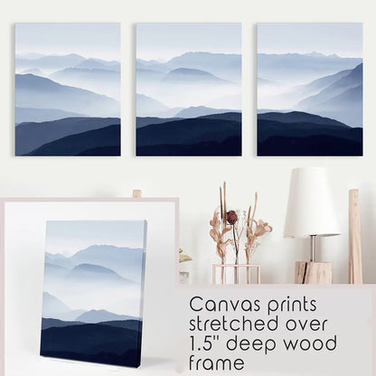 Blue Misty Mountain Scenery. Set of 3 Prints