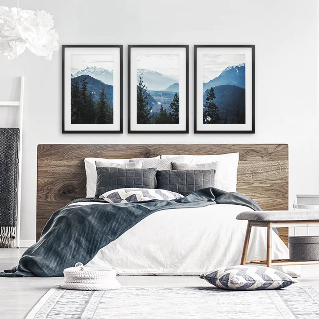 Navy Blue Mountain Forest Triptych. Nordic Landscape Art