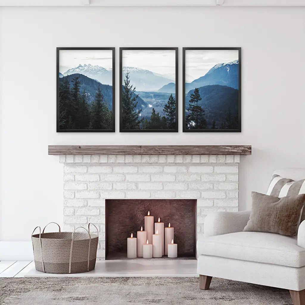 Navy Blue Mountain Forest Triptych. Nordic Landscape Art