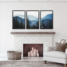 Load image into Gallery viewer, Navy Blue Mountain Forest Triptych. Nordic Landscape Art
