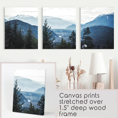 Navy Blue Mountain Forest Triptych. Nordic Landscape Art