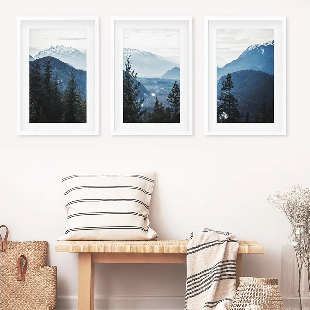 Navy Blue Mountain Forest Triptych. Nordic Landscape Art