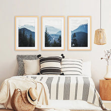 Load image into Gallery viewer, Navy Blue Mountain Forest Triptych. Nordic Landscape Art
