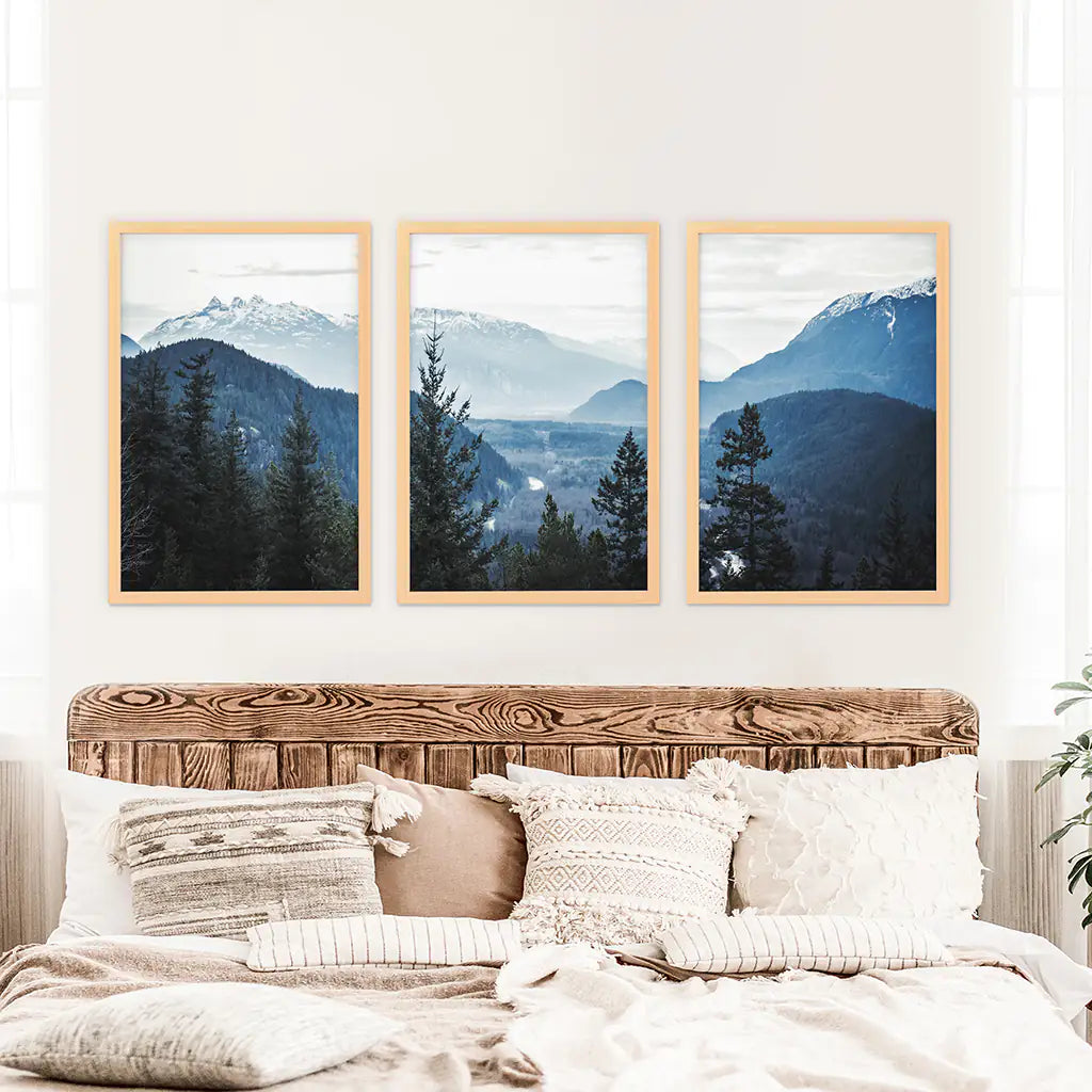 Navy Blue Mountain Forest Triptych. Nordic Landscape Art