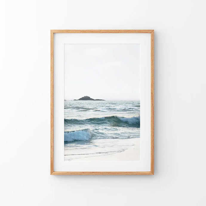 Blue Ocean Waves Poster. Nautical California Theme. Thin Wood Frame with Mat