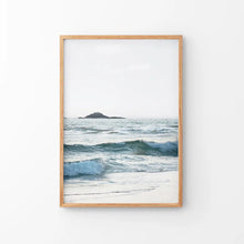 Load image into Gallery viewer, Blue Ocean Waves Poster. Nautical California Theme. Thin Wood Frame
