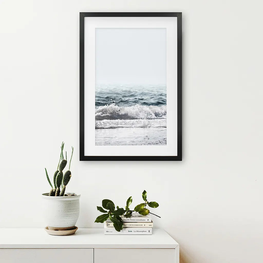 California Ocean Wall Art Print. Blue Waves, Foam. Black Frame with Mat