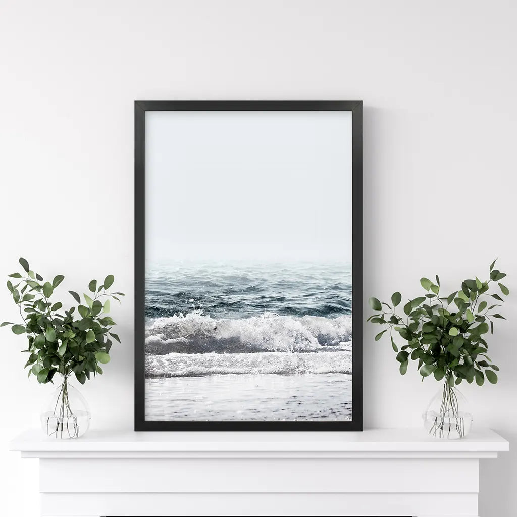 California Ocean Wall Art Print. Blue Waves, Foam. Black Frame