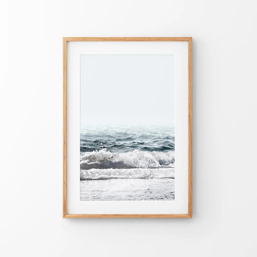 California Ocean Wall Art Print. Blue Waves, Foam. Thin Wood Frame with Mat