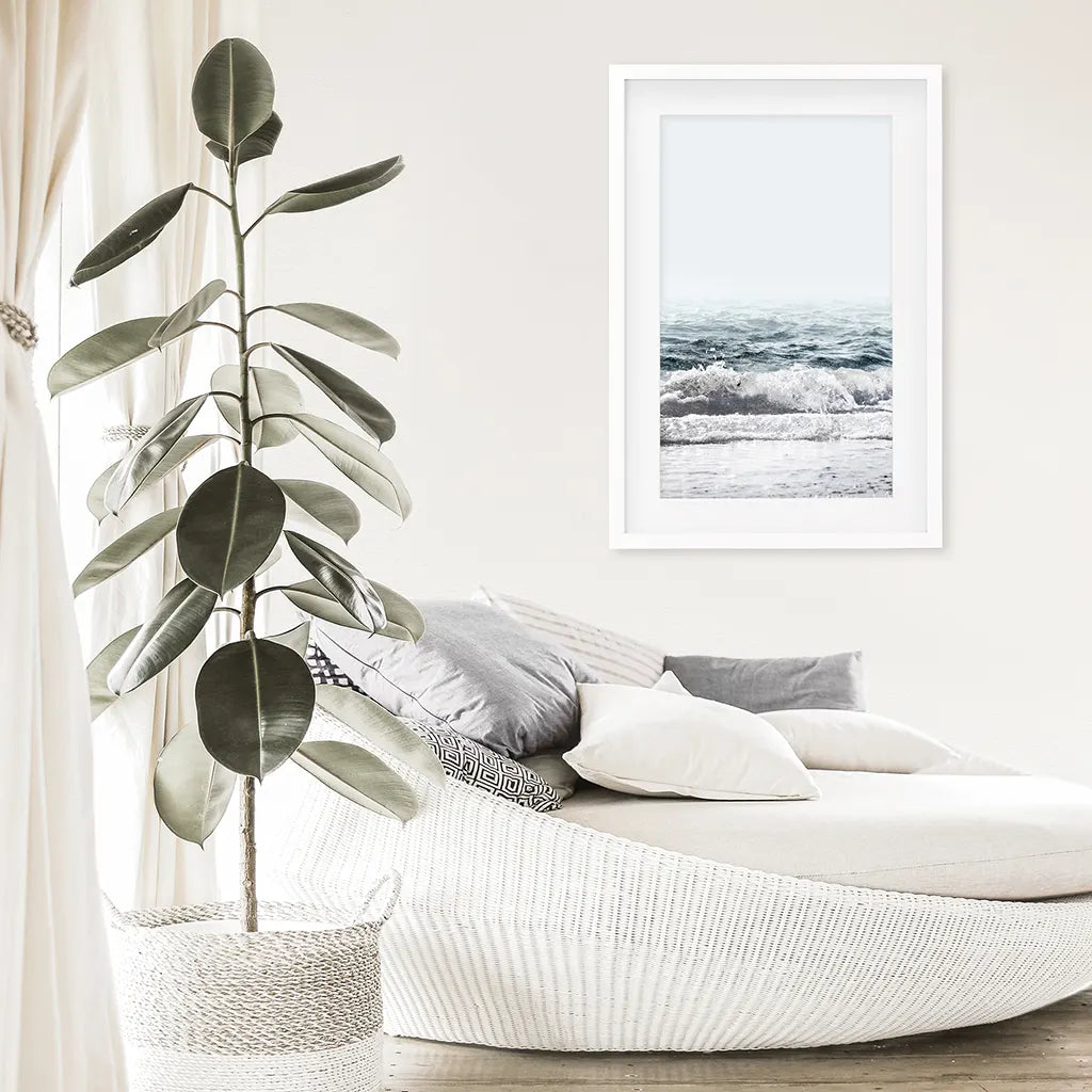 California Ocean Wall Art Print. Blue Waves, Foam. White Frame with Mat