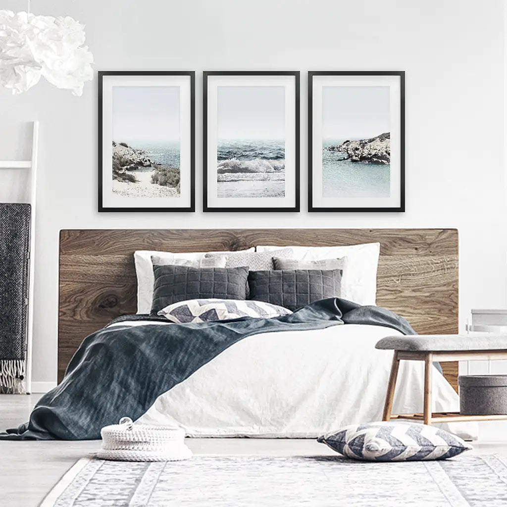 3 Piece Coastal Waves Rocky Beach Set. Triprych Seascape Wall Art. Black Frames with Mat