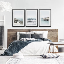 Load image into Gallery viewer, 3 Piece Coastal Waves Rocky Beach Set. Triprych Seascape Wall Art. Black Frames with Mat

