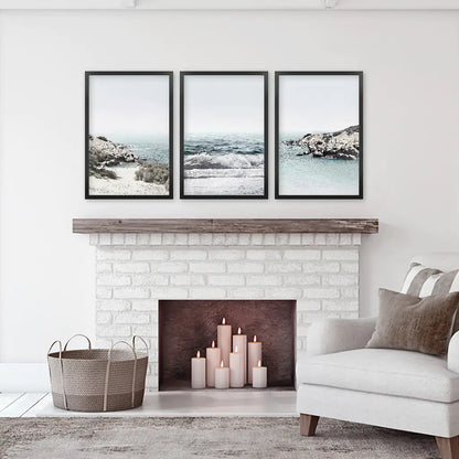 3 Piece Coastal Waves Rocky Beach Set. Triprych Seascape Wall Art. Black Frames