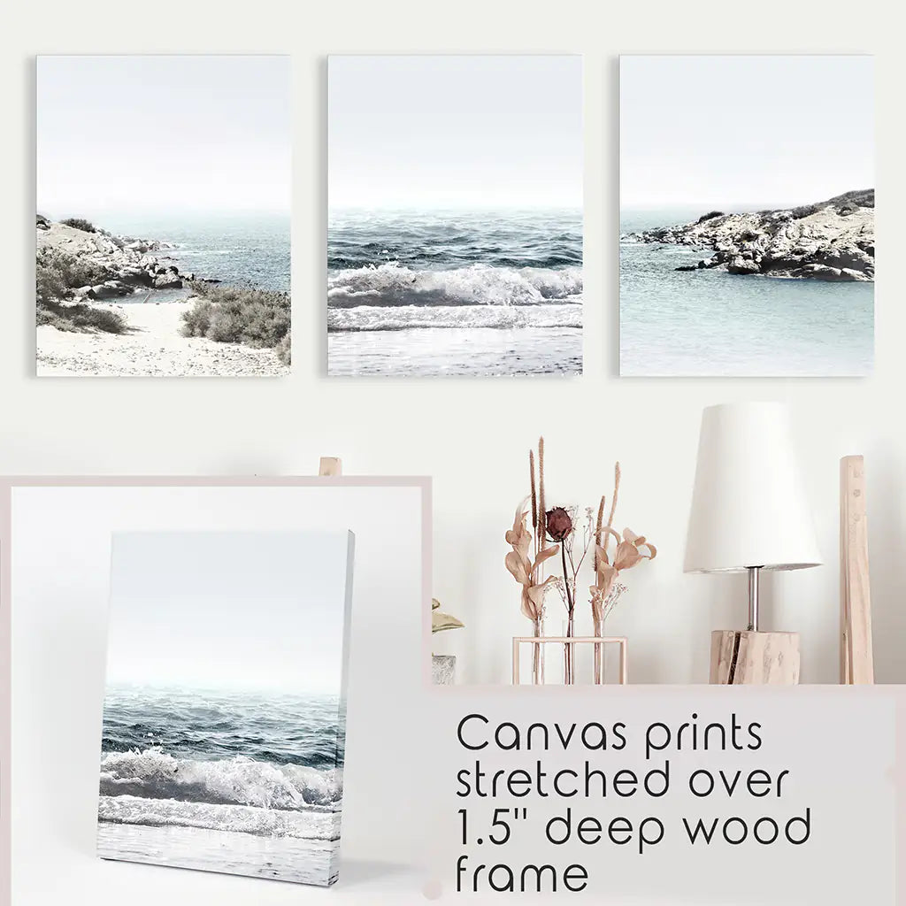 3 Piece Coastal Waves Rocky Beach Set. Triprych Seascape Wall Art. Canvas Prints