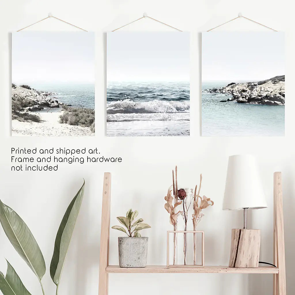 3 Piece Coastal Waves Rocky Beach Set. Triprych Seascape Wall Art. Unframed Prints