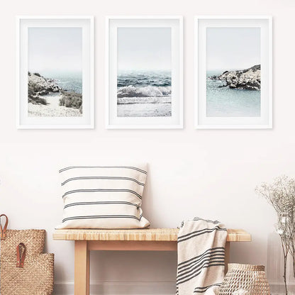 3 Piece Coastal Waves Rocky Beach Set. Triprych Seascape Wall Art. White Frames with Mat