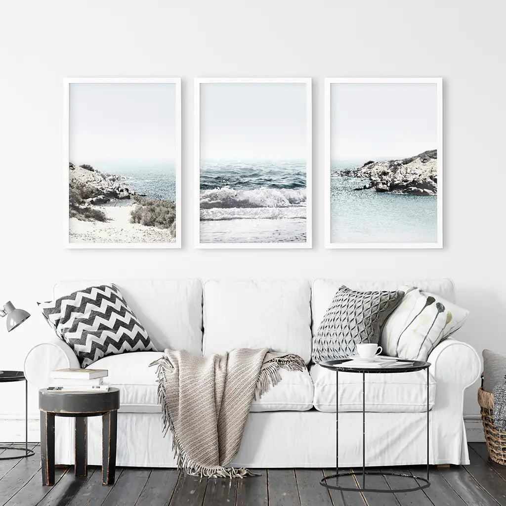 3 Piece Coastal Waves Rocky Beach Set. Triprych Seascape Wall Art. White Frames