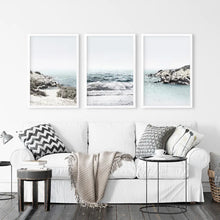 Load image into Gallery viewer, 3 Piece Coastal Waves Rocky Beach Set. Triprych Seascape Wall Art. White Frames
