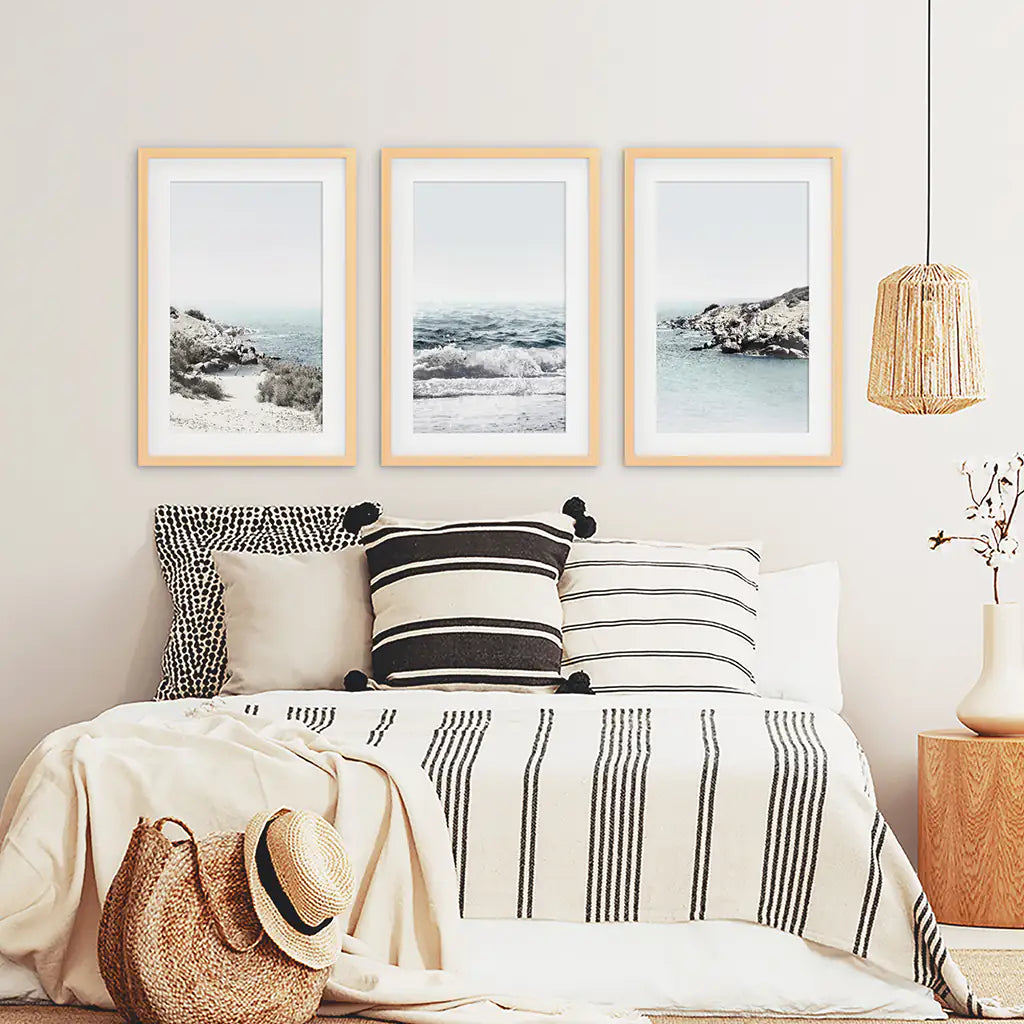 3 Piece Coastal Waves Rocky Beach Set. Triprych Seascape Wall Art. Wood Frames with Mat