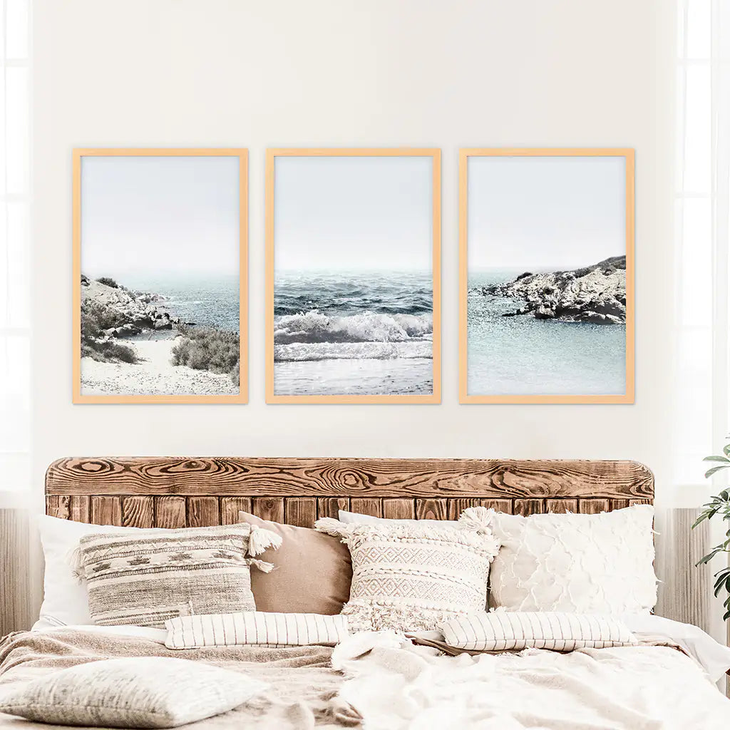 3 Piece Coastal Waves Rocky Beach Set. Triprych Seascape Wall Art. Wood Frames