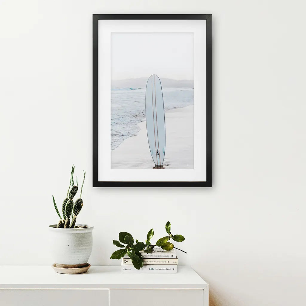 Blue Surfboard Print. California Beach Theme. Black Frame with Mat