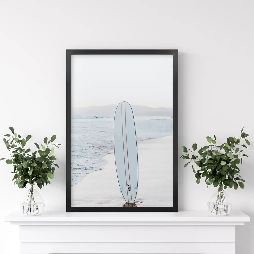 Blue Surfboard Print. California Beach Theme. Black Frame