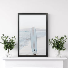 Load image into Gallery viewer, Blue Surfboard Print. California Beach Theme. Black Frame
