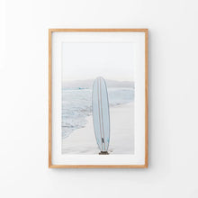 Load image into Gallery viewer, Blue Surfboard Print. California Beach Theme. Thin Wood Frame with Mat
