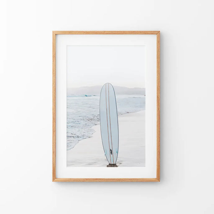 Blue Surfboard Print. California Beach Theme. Thin Wood Frame with Mat