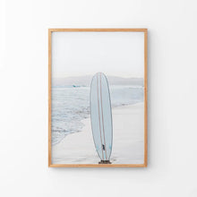 Load image into Gallery viewer, Blue Surfboard Print. California Beach Theme. Thin Wood Frame

