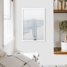Load image into Gallery viewer, Blue Surfboard Print. California Beach Theme. White Frame
