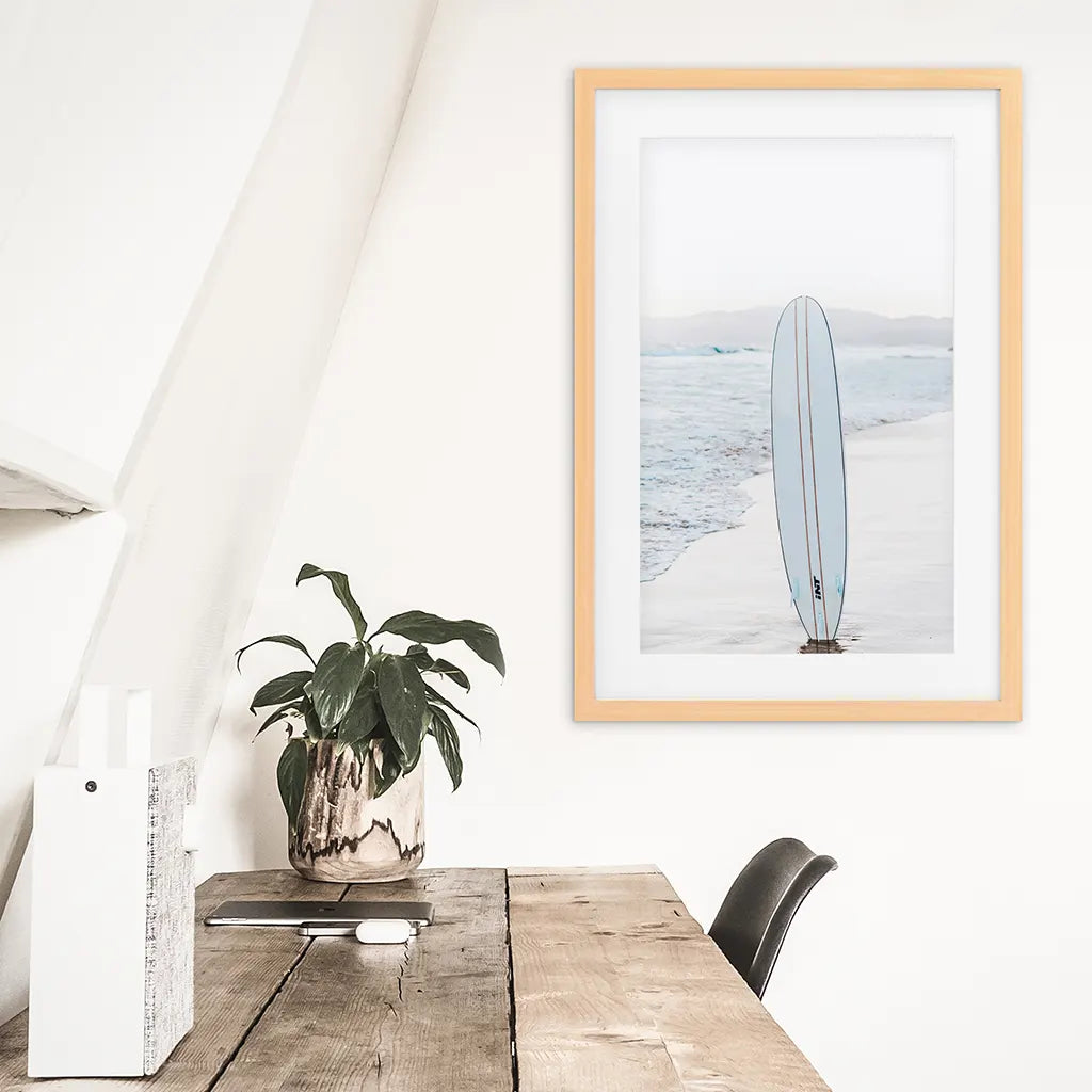 Blue Surfboard Print. California Beach Theme. Wood Frame with Mat