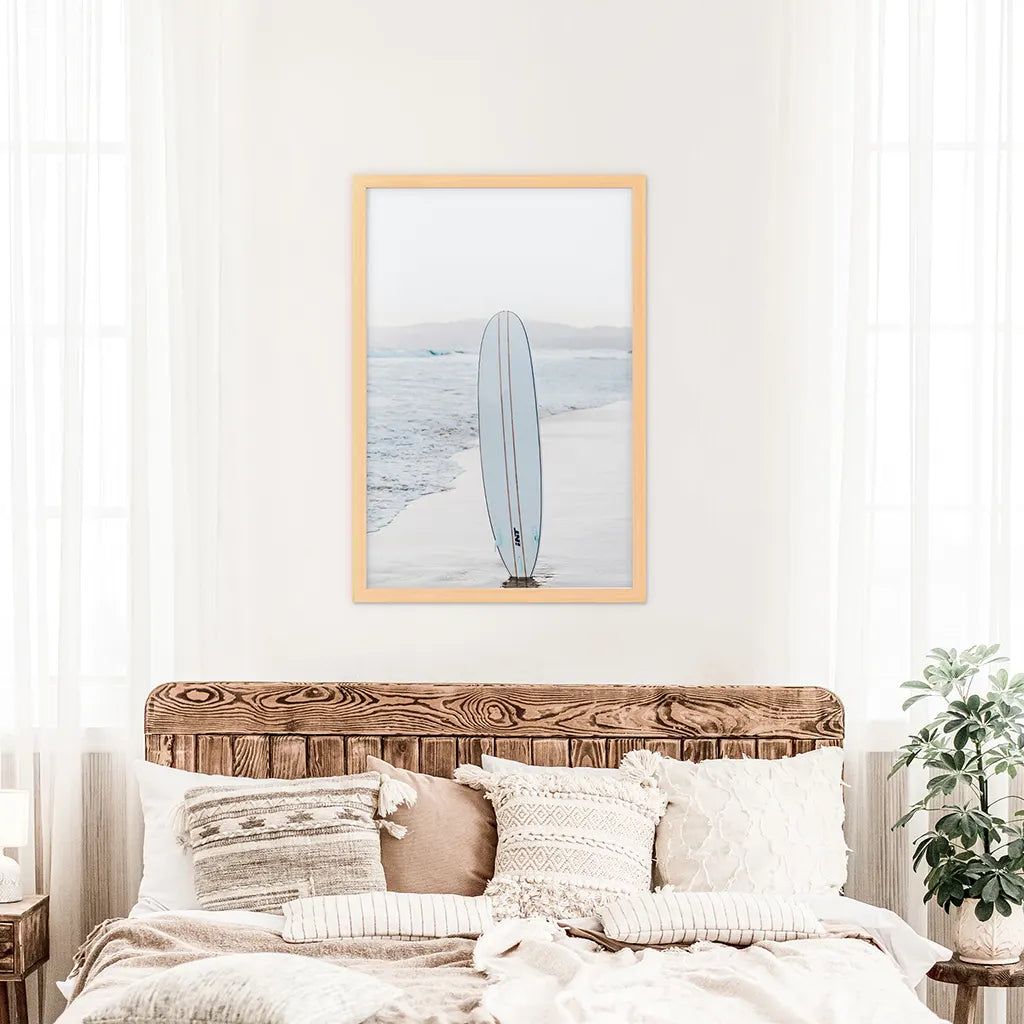 Blue Surfboard Print. California Beach Theme. Wood Frame