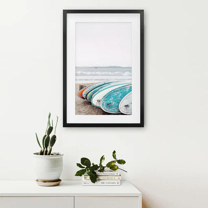 Blue White Surfboards Photo. California Summer Theme. Black Frame with Mat