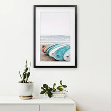 Load image into Gallery viewer, Blue White Surfboards Photo. California Summer Theme. Black Frame with Mat
