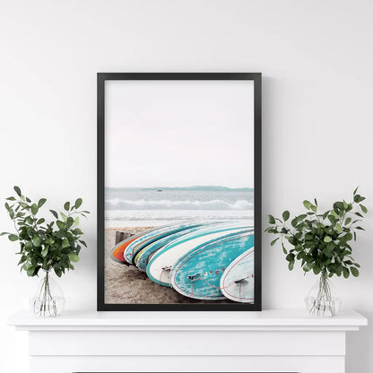 Blue White Surfboards Photo. California Summer Theme. Black Frame