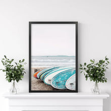 Load image into Gallery viewer, Blue White Surfboards Photo. California Summer Theme. Black Frame
