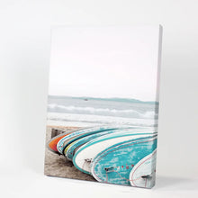 Load image into Gallery viewer, Blue White Surfboards Photo. California Summer Theme. Canvas Print
