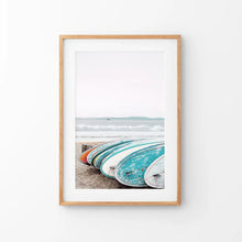Load image into Gallery viewer, Blue White Surfboards Photo. California Summer Theme. Thin Wood Frame with Mat
