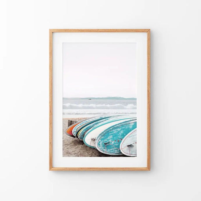 Blue White Surfboards Photo. California Summer Theme. Thin Wood Frame with Mat