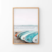 Load image into Gallery viewer, Blue White Surfboards Photo. California Summer Theme. Thin Wood Frame
