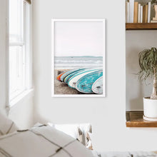 Load image into Gallery viewer, Blue White Surfboards Photo. California Summer Theme. White Frame
