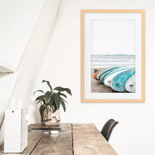 Load image into Gallery viewer, Blue White Surfboards Photo. California Summer Theme. Wood Frame with Mat
