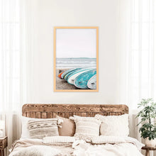 Load image into Gallery viewer, Blue White Surfboards Photo. California Summer Theme. Wood Frame
