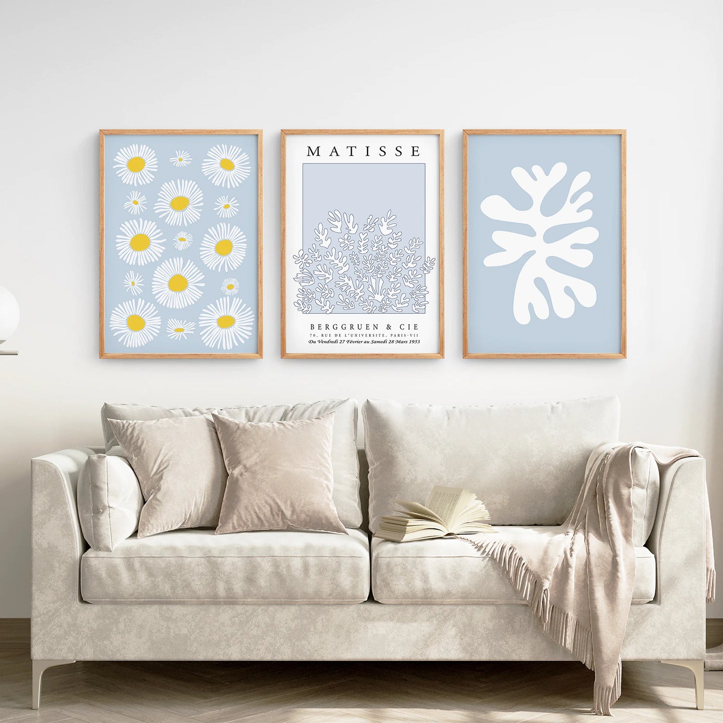 Abstract Matisse Print Set of 3. Blue Floral Wall Art