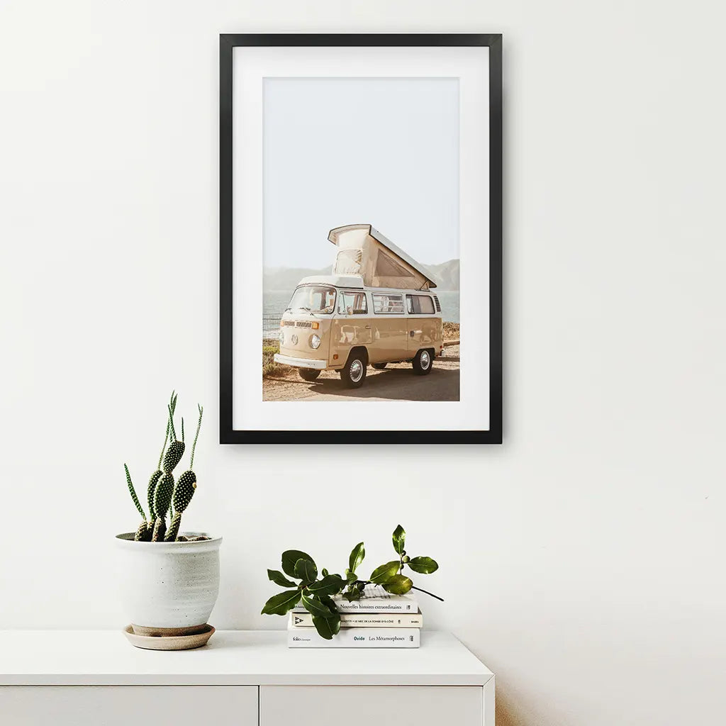 Yellow Hipster Vintage Van Poster. Summer Travel. Black Frame with Mat