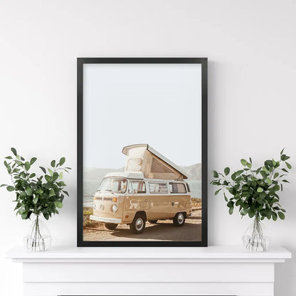 Yellow Hipster Vintage Van Poster. Summer Travel. Black Frame