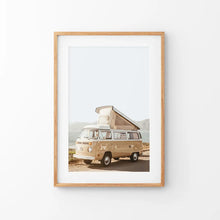 Load image into Gallery viewer, Yellow Hipster Vintage Van Poster. Summer Travel. Thin Wood Frame with Mat
