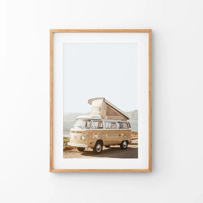 Yellow Hipster Vintage Van Poster. Summer Travel. Thin Wood Frame with Mat