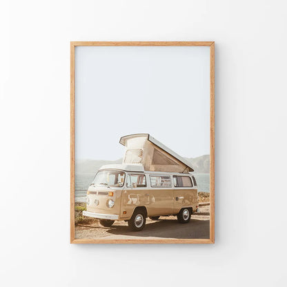 Yellow Hipster Vintage Van Poster. Summer Travel. Thin Wood Frame